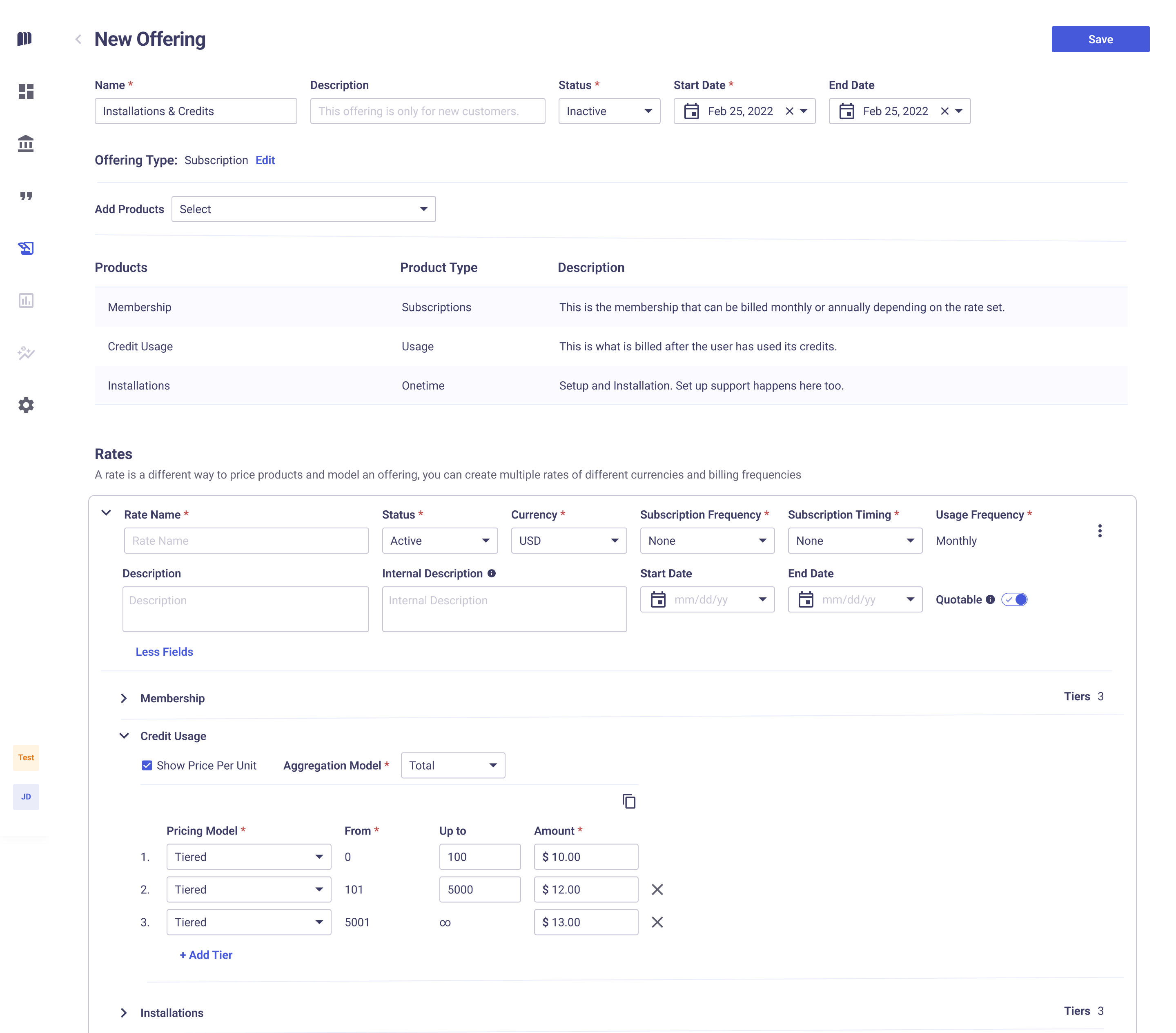 Company onboarding: pricing tiers, rates, and overrides
