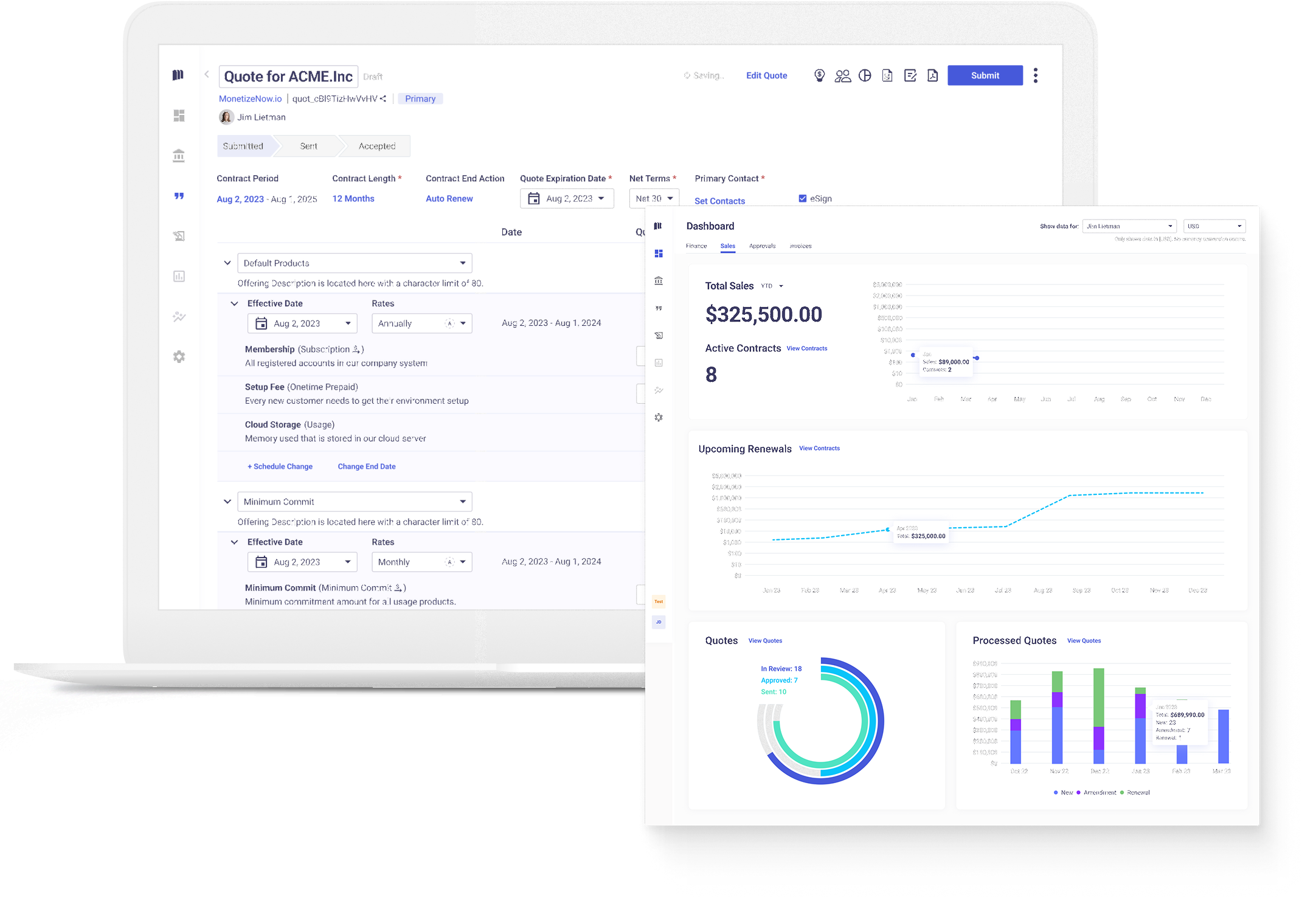 MonetizeNow quote-to-cash platform and sales dashboard